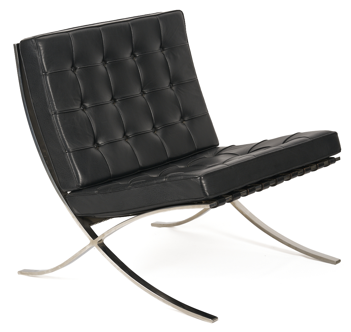 Lot 389: Labeled Knoll Barcelona Chair & Stool, 1 of 3, Mies van der Rohe Design