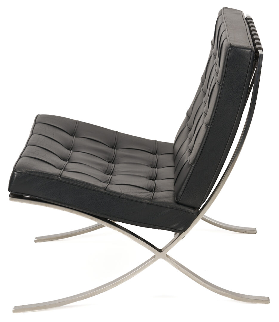 Lot 389: Labeled Knoll Barcelona Chair & Stool, 1 of 3, Mies van der Rohe Design