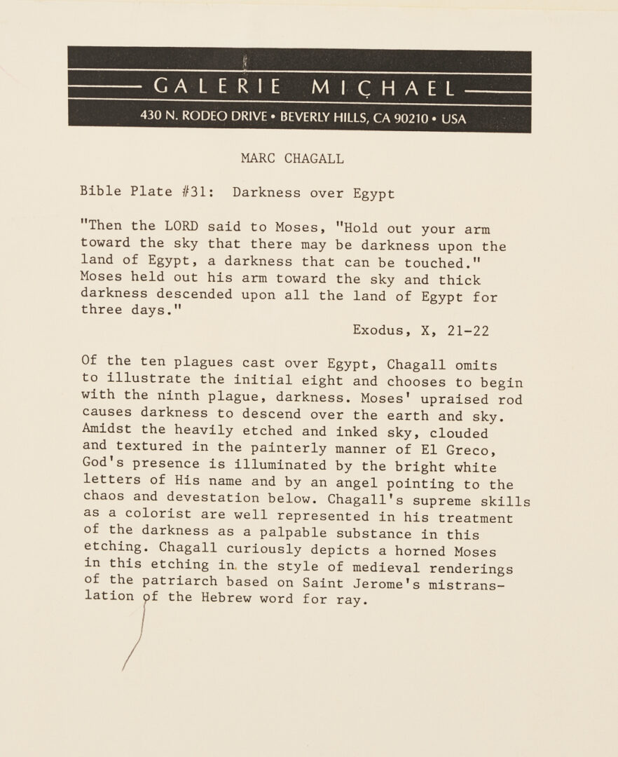 Lot 405: Marc Chagall Signed Etching from The Bible, Darkness Over Egypt