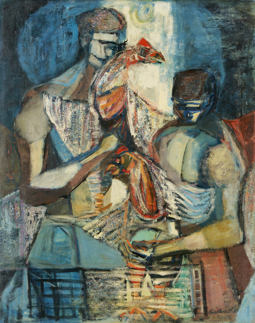 Lot 439: Robert Birdwell O/C Expressionist Figural Painting, Men w/ Chickens