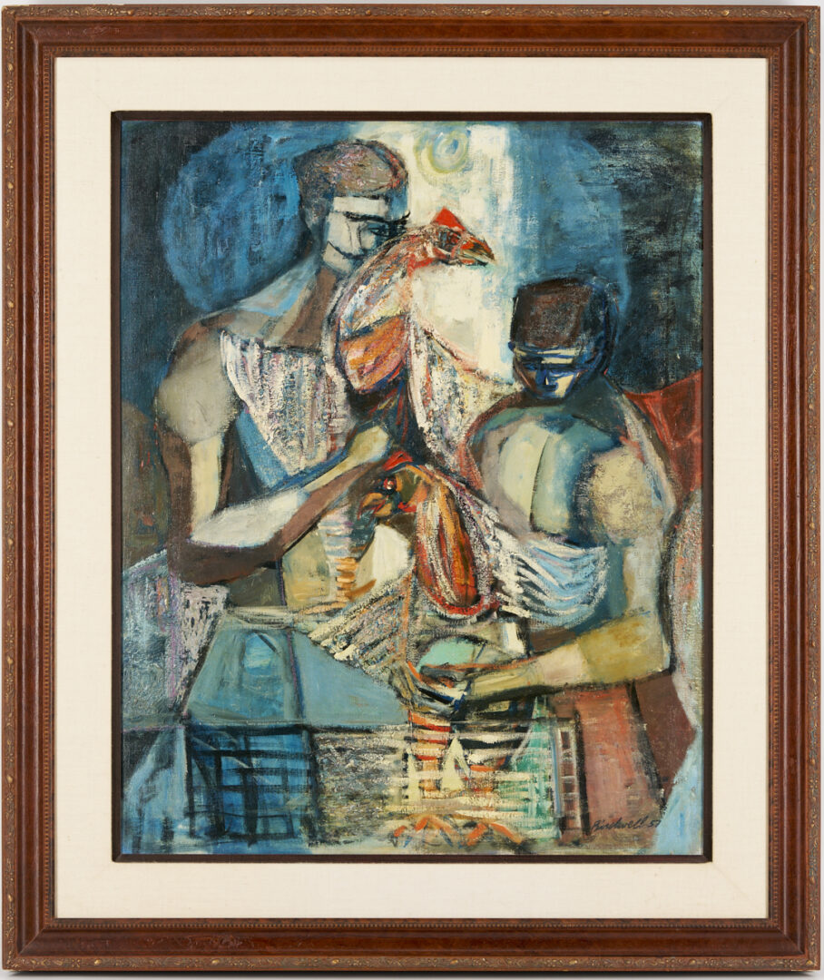 Lot 439: Robert Birdwell O/C Expressionist Figural Painting, Men w/ Chickens