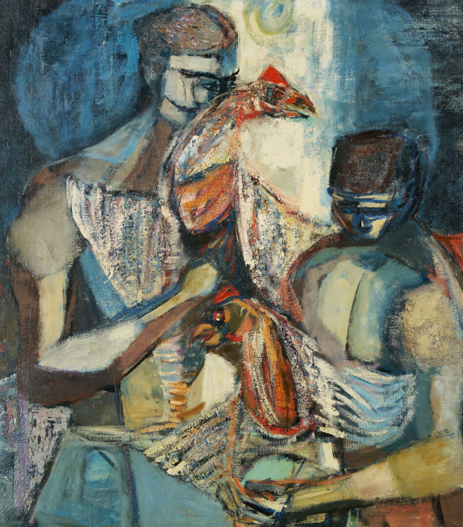 Lot 439: Robert Birdwell O/C Expressionist Figural Painting, Men w/ Chickens