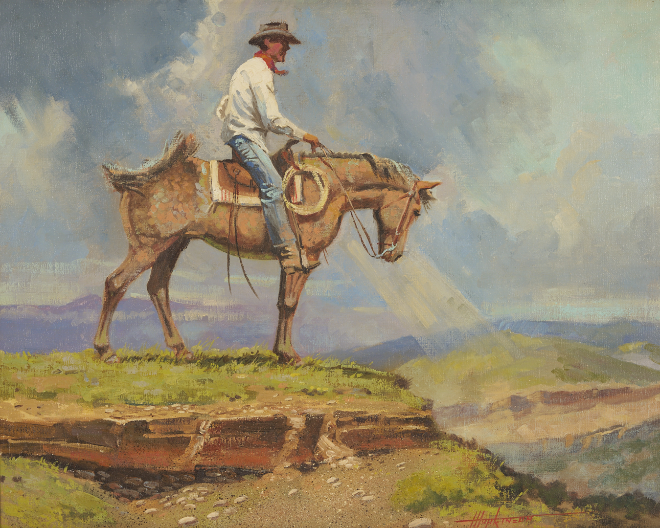 Lot 447: Harold Hopkinson O/C Western Painting, Up on the Mesa