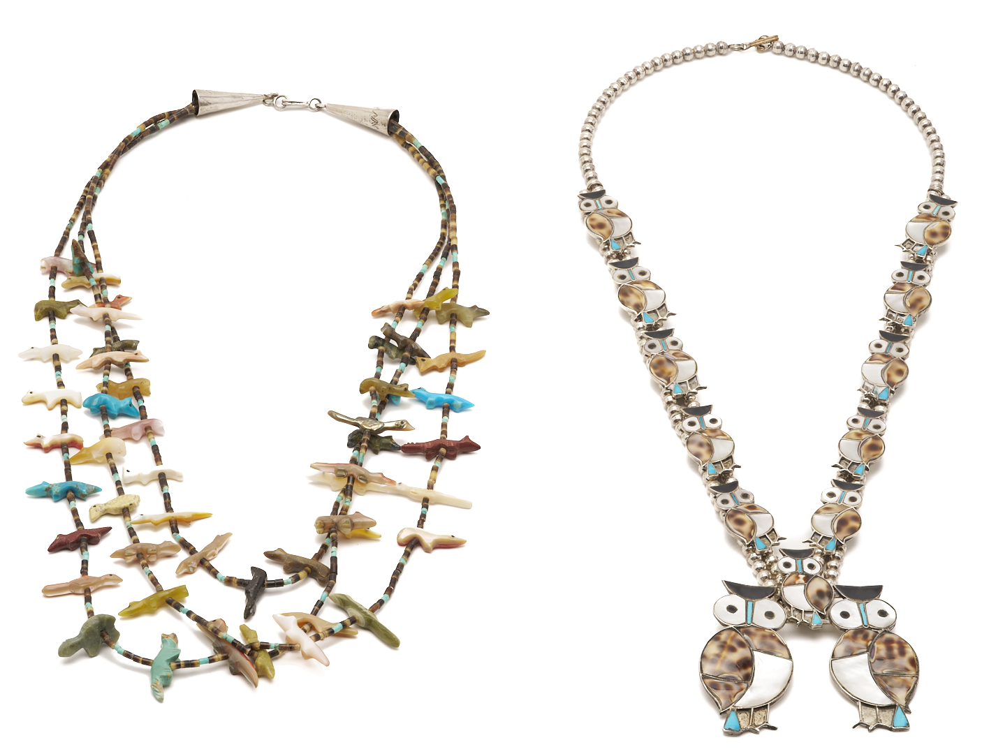 Lot 463: 2 Native American Zuni Necklaces, incl. Owl Squash Blossom