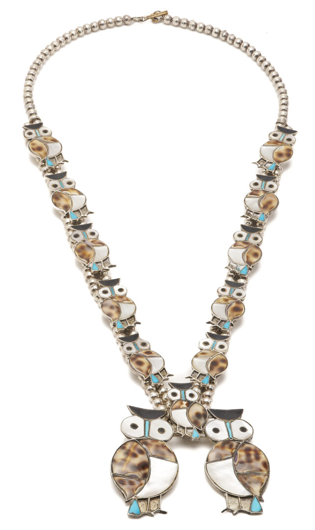 Lot 463: 2 Native American Zuni Necklaces, incl. Owl Squash Blossom