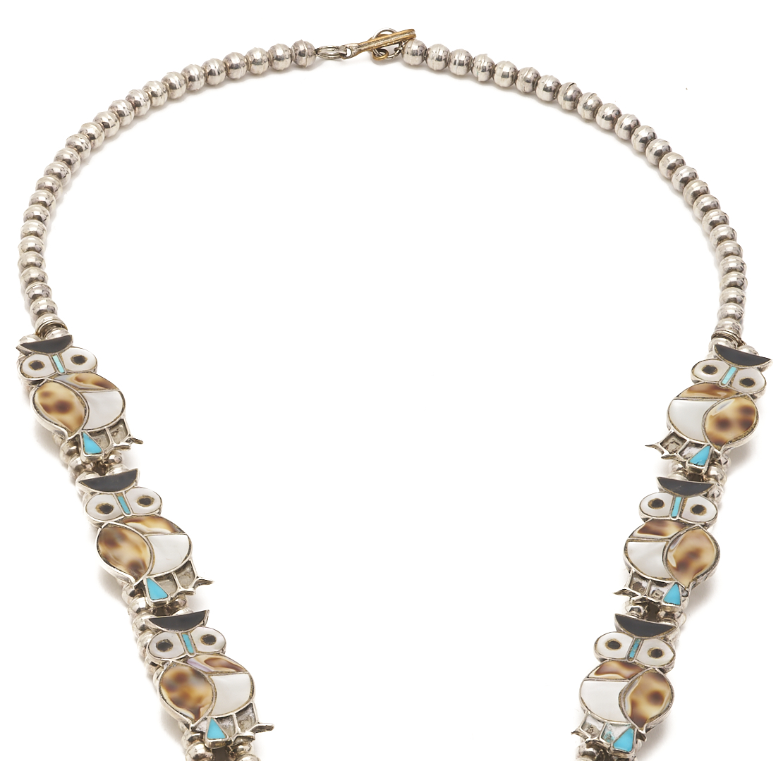 Lot 463: 2 Native American Zuni Necklaces, incl. Owl Squash Blossom