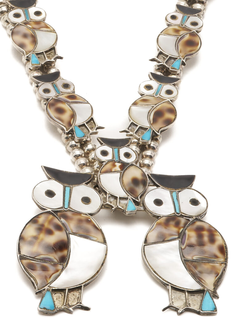 Lot 463: 2 Native American Zuni Necklaces, incl. Owl Squash Blossom