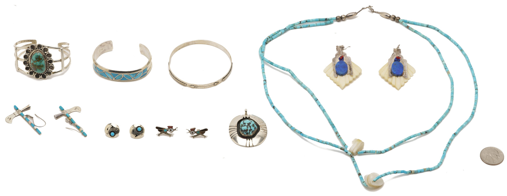 Lot 464: 9 Native American Jewelry Items, incl. Bracelets, Earrings, & Necklaces