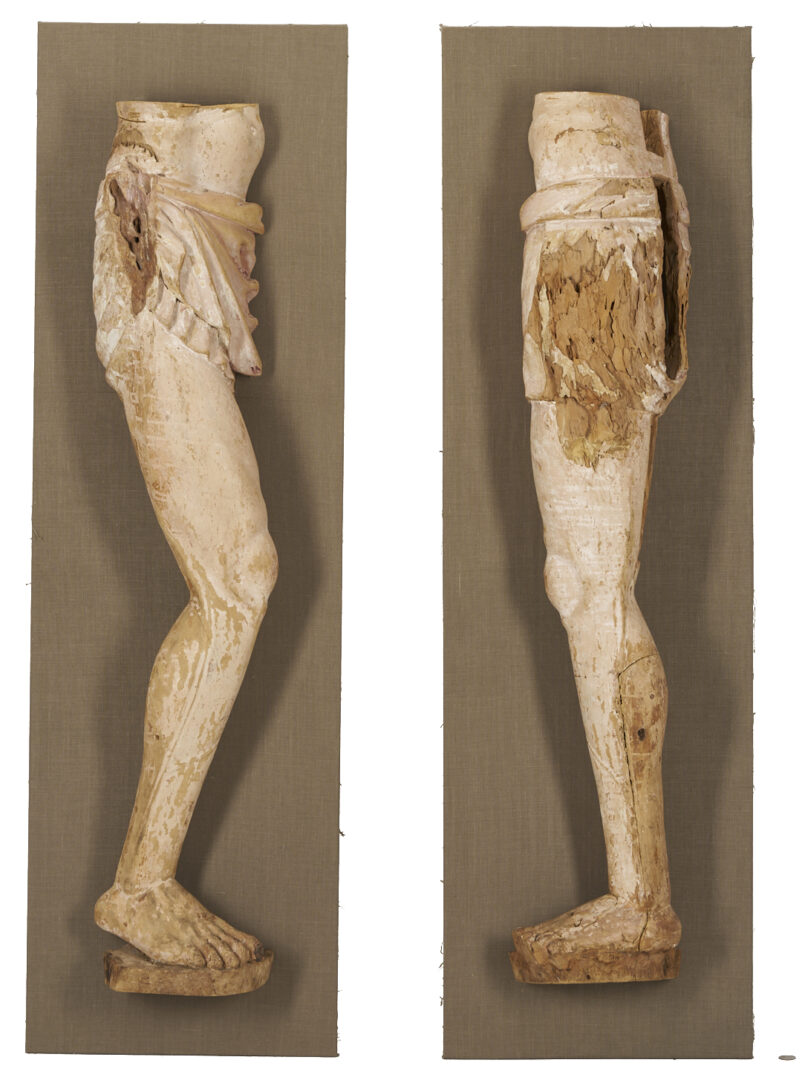 Lot 468: Pair 18th C or earlier Life Size Carved Leg Sculpture Fragments