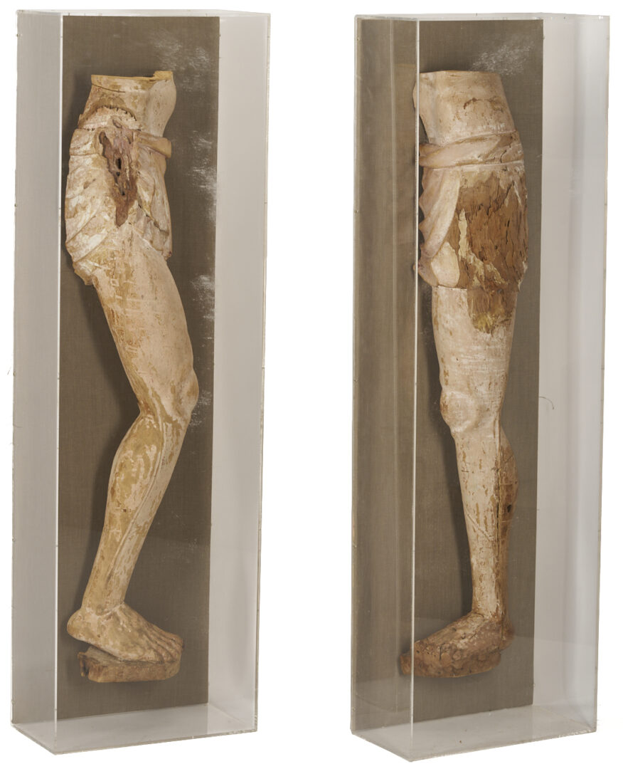 Lot 468: Pair 18th C or earlier Life Size Carved Leg Sculpture Fragments