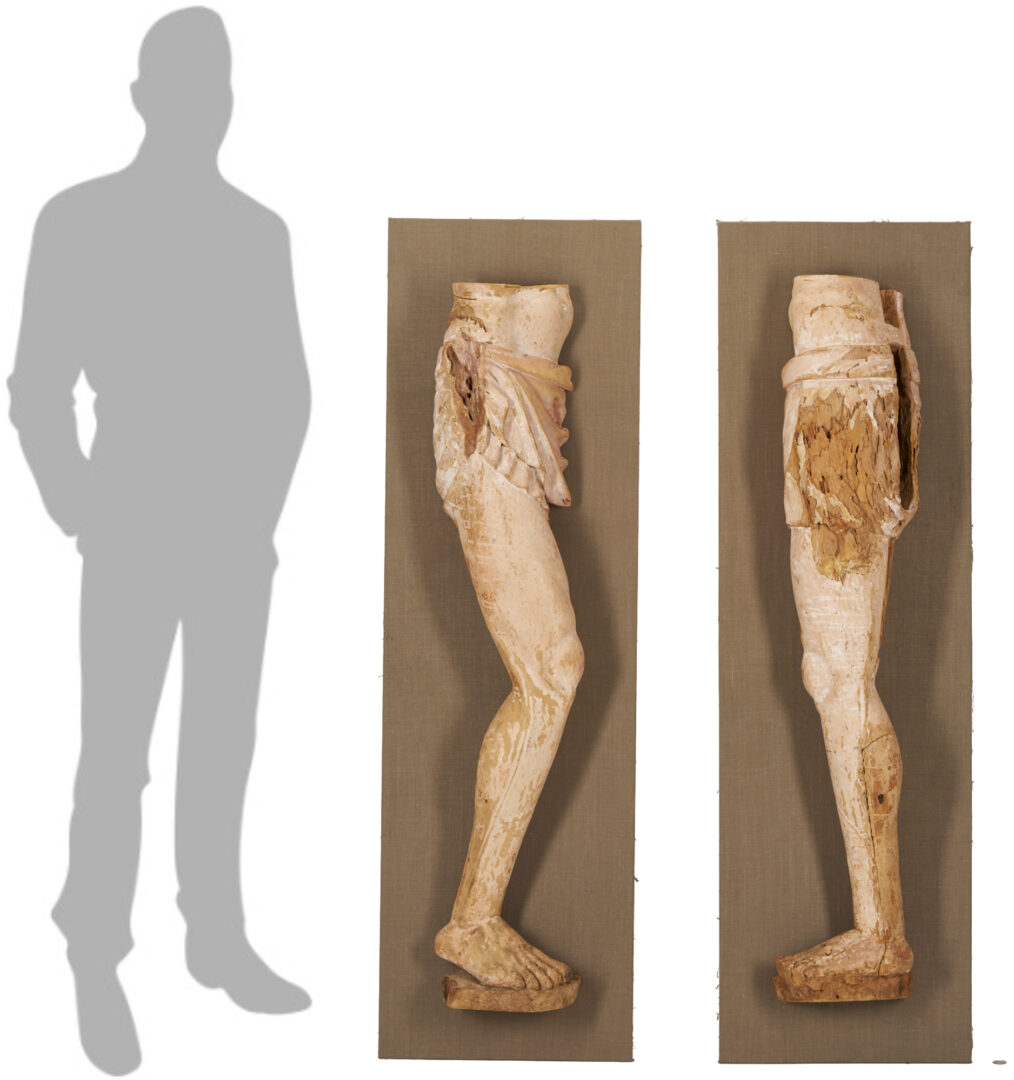 Lot 468: Pair 18th C or earlier Life Size Carved Leg Sculpture Fragments
