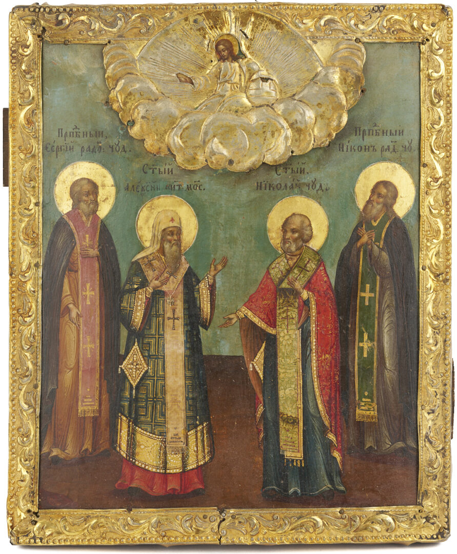Lot 472: Russian Orthodox O/B Icon, Saints of Moscow and St. Nicholas