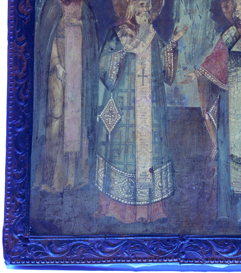 Lot 472: Russian Orthodox O/B Icon, Saints of Moscow and St. Nicholas