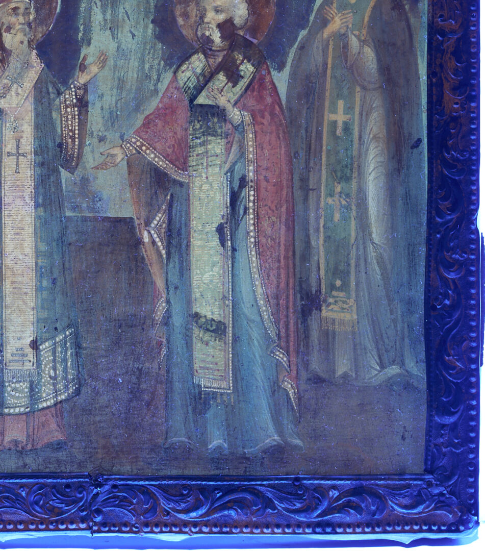 Lot 472: Russian Orthodox O/B Icon, Saints of Moscow and St. Nicholas