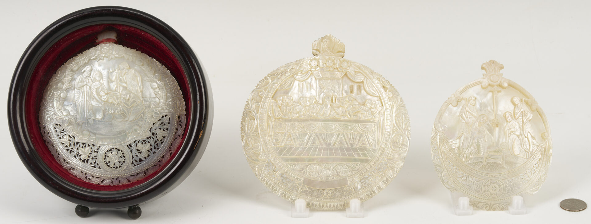 Lot 474: 3 Bethlehem Mother of Pearl Carvings incl. Nativity, Last Supper