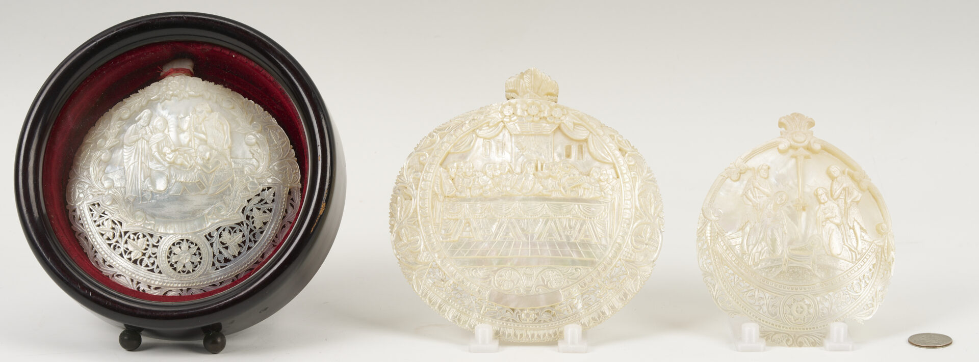 Lot 474: 3 Bethlehem Mother of Pearl Carvings incl. Nativity, Last Supper