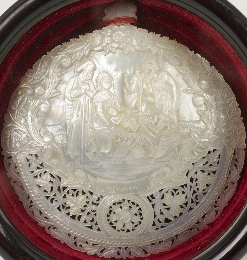 Lot 474: 3 Bethlehem Mother of Pearl Carvings incl. Nativity, Last Supper