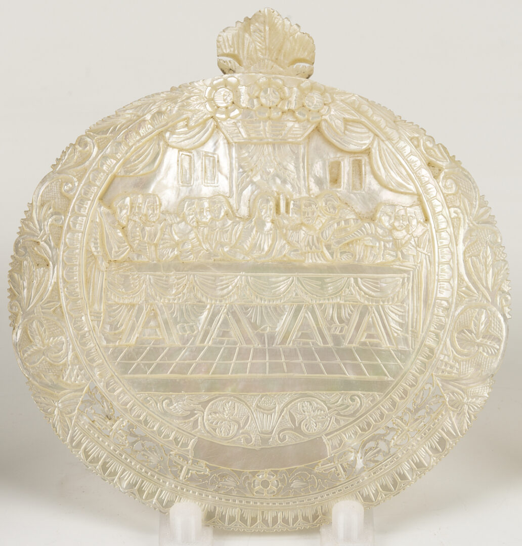 Lot 474: 3 Bethlehem Mother of Pearl Carvings incl. Nativity, Last Supper