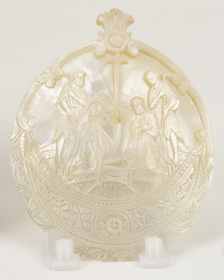 Lot 474: 3 Bethlehem Mother of Pearl Carvings incl. Nativity, Last Supper