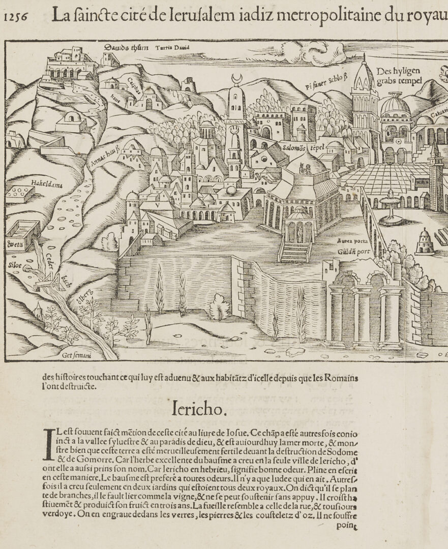 Lot 475: 2 Early Holy Land Maps, Munster’s Jerusalem & Blaeu’s Palestine