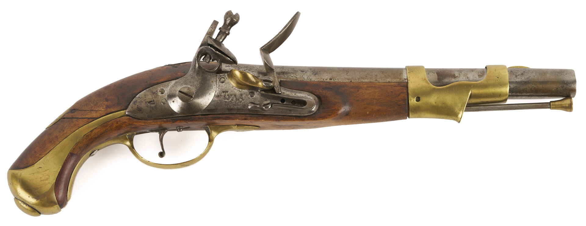 Lot 483: Early 19th C. Russian Flintlock Pistol; plus 2 Powder Flasks