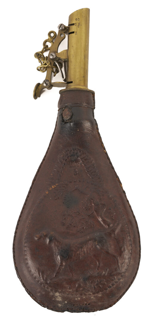 Lot 483: Early 19th C. Russian Flintlock Pistol; plus 2 Powder Flasks