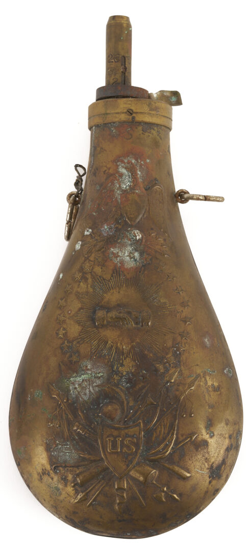 Lot 483: Early 19th C. Russian Flintlock Pistol; plus 2 Powder Flasks