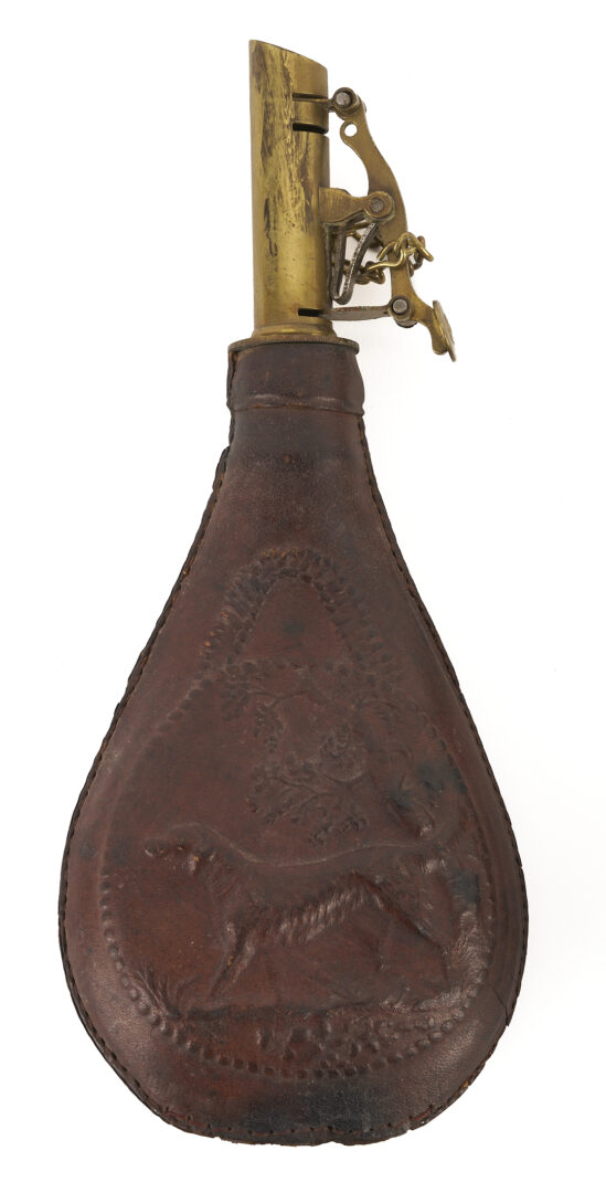 Lot 483: Early 19th C. Russian Flintlock Pistol; plus 2 Powder Flasks