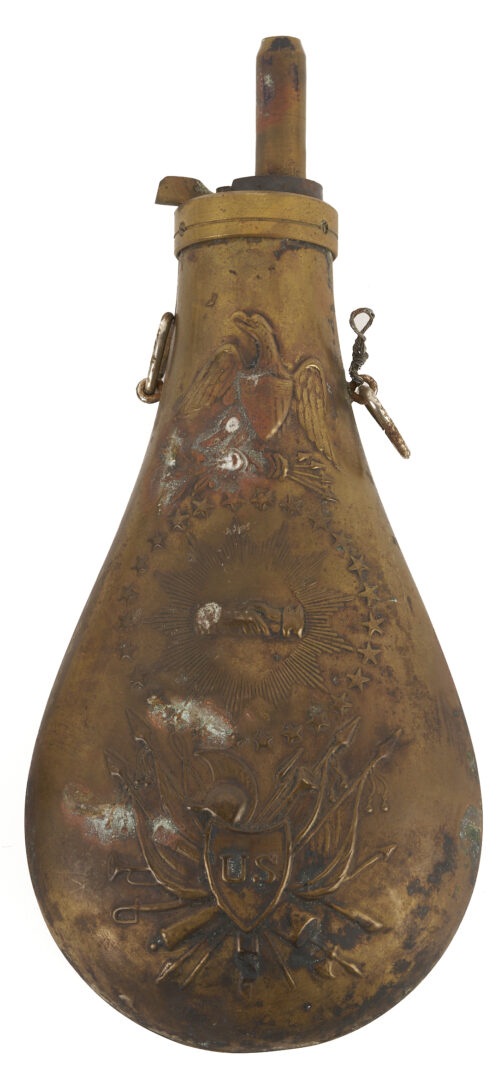 Lot 483: Early 19th C. Russian Flintlock Pistol; plus 2 Powder Flasks