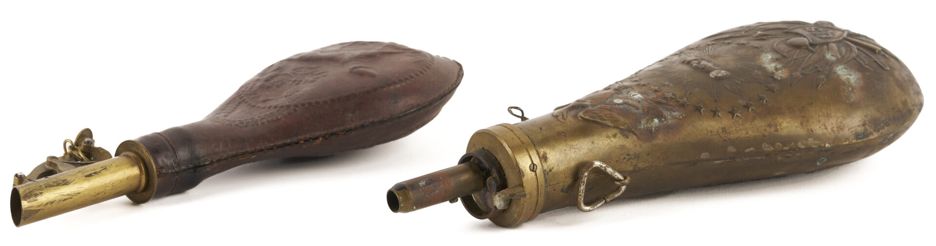 Lot 483: Early 19th C. Russian Flintlock Pistol; plus 2 Powder Flasks