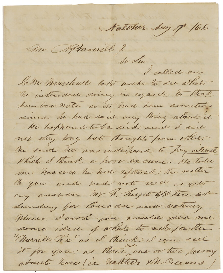 Lot 484: Large A. P. Merrill Family Archive, Natchez, MS, Plantation Interest, c. 1820s-80s