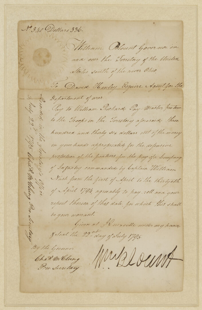 Lot 487: TN Territorial Governor William Blount Signed Document, 1795