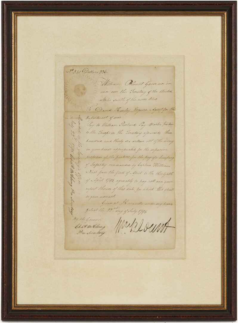 Lot 487: TN Territorial Governor William Blount Signed Document, 1795