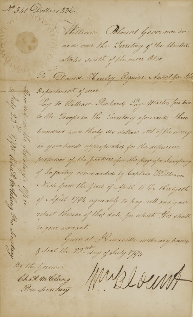 Lot 487: TN Territorial Governor William Blount Signed Document, 1795