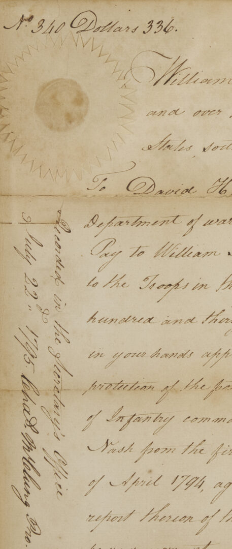 Lot 487: TN Territorial Governor William Blount Signed Document, 1795