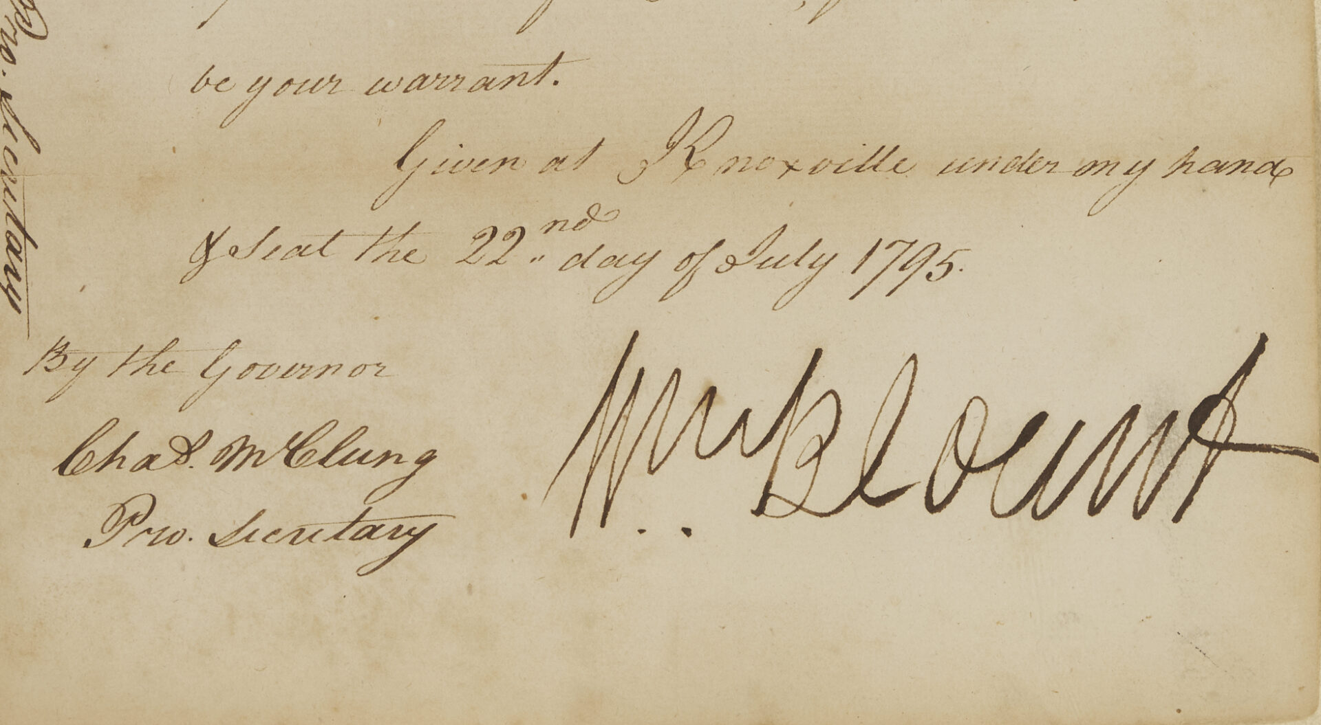 Lot 487: TN Territorial Governor William Blount Signed Document, 1795