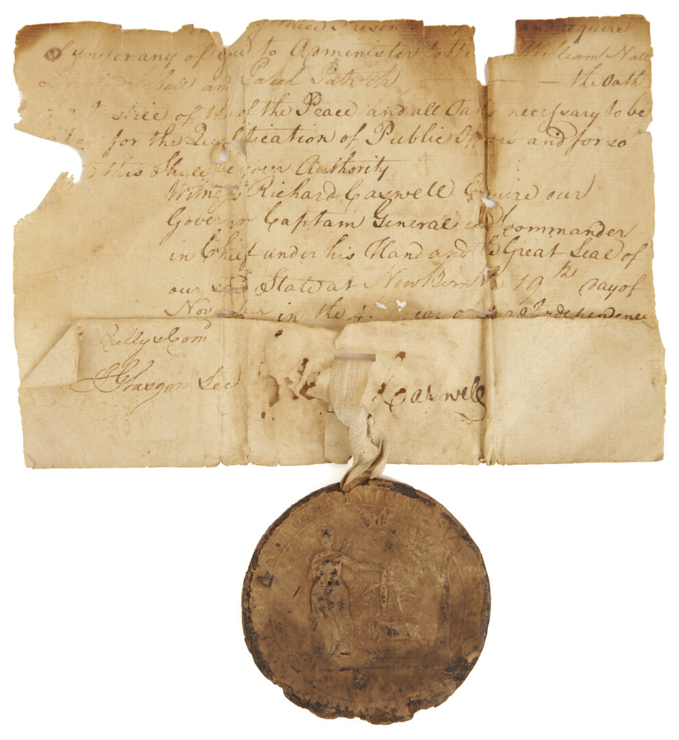 Lot 488: 2 Benjamin Cleveland Early NC Docs. Incl. Gov.-Signed, King’s Mountain, 1777-80