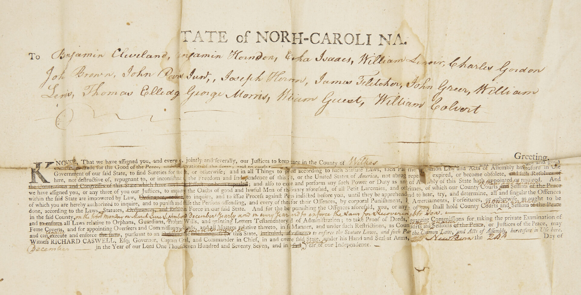Lot 488: 2 Benjamin Cleveland Early NC Docs. Incl. Gov.-Signed, King’s Mountain, 1777-80