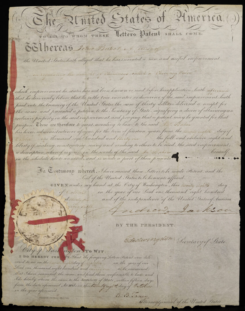 Lot 495: President Andrew Jackson Signed Patent, 1831