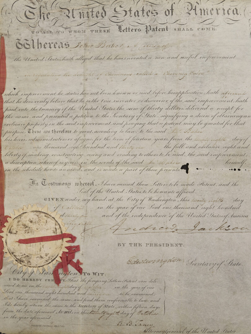Lot 495: President Andrew Jackson Signed Patent, 1831