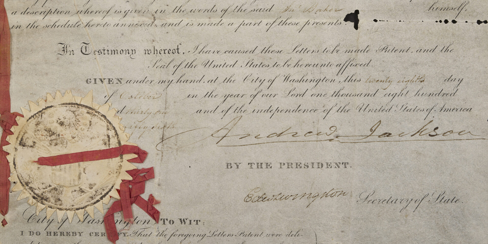 Lot 495: President Andrew Jackson Signed Patent, 1831