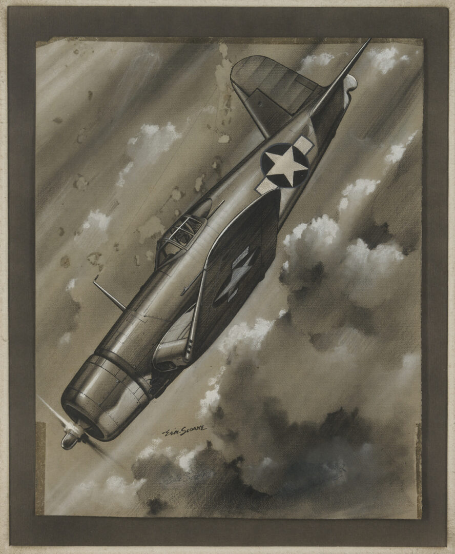Lot 518: Eric Sloane Pastel & Ink Drawing, F4U Corsair Fighter Plane