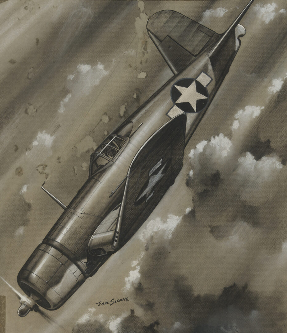 Lot 518: Eric Sloane Pastel & Ink Drawing, F4U Corsair Fighter Plane