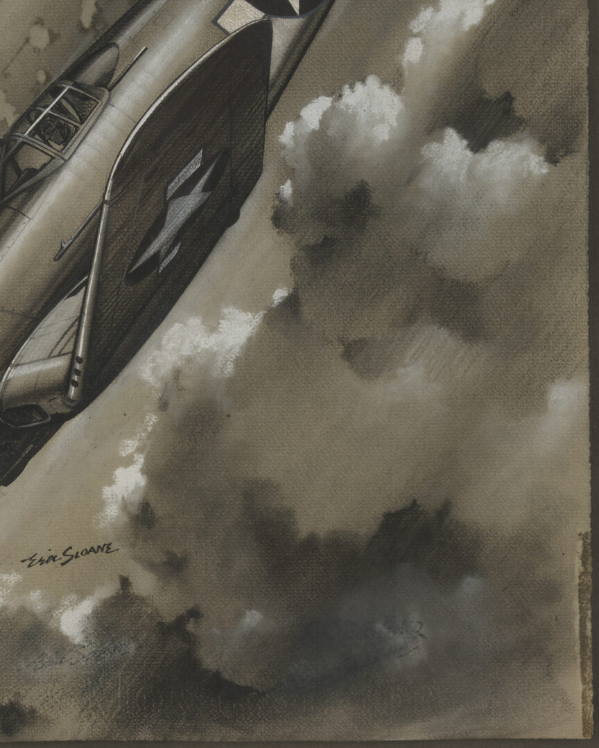 Lot 518: Eric Sloane Pastel & Ink Drawing, F4U Corsair Fighter Plane