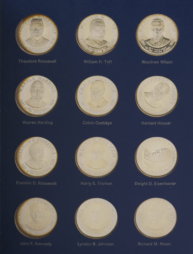 Lot 522: Franklin Mint Treasury of Presidential Commemorative Sterling Medals, 2 Sets, 41 oz.