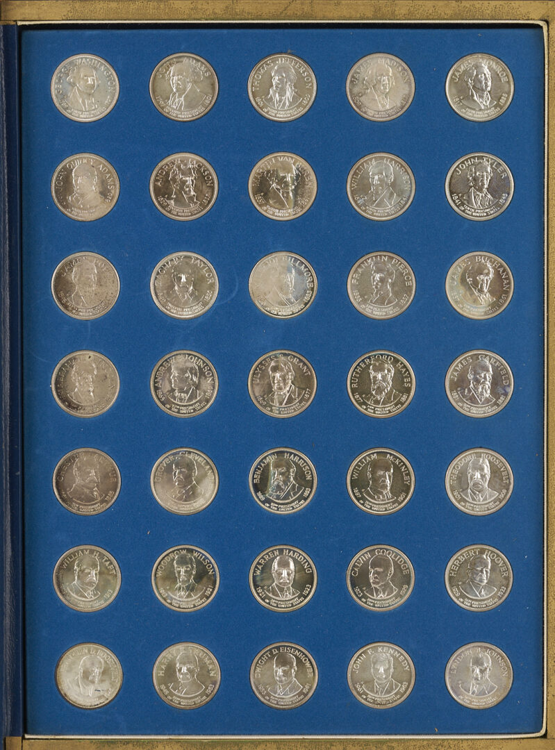 Lot 522: Franklin Mint Treasury of Presidential Commemorative Sterling Medals, 2 Sets, 41 oz.