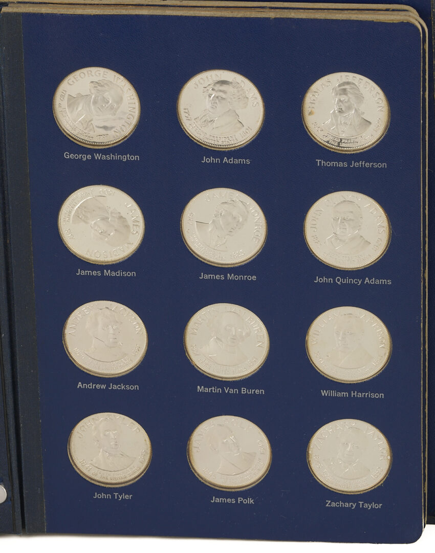 Lot 522: Franklin Mint Treasury of Presidential Commemorative Sterling Medals, 2 Sets, 41 oz.