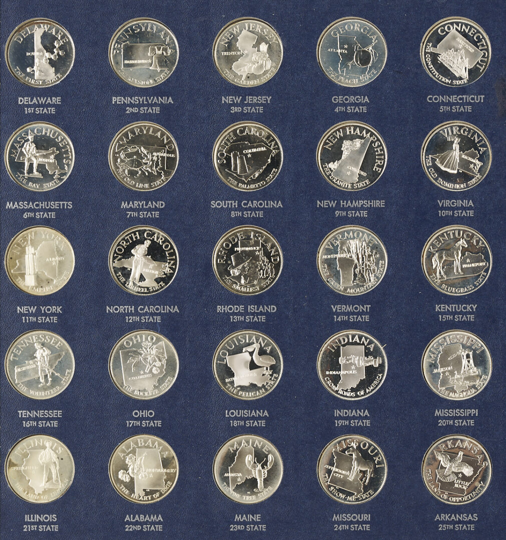 Lot 530: Franklin Mint Sterling Silver States of the Union Medallions, 23 oz.
