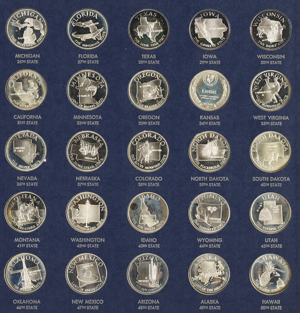 Lot 530: Franklin Mint Sterling Silver States of the Union Medallions, 23 oz.