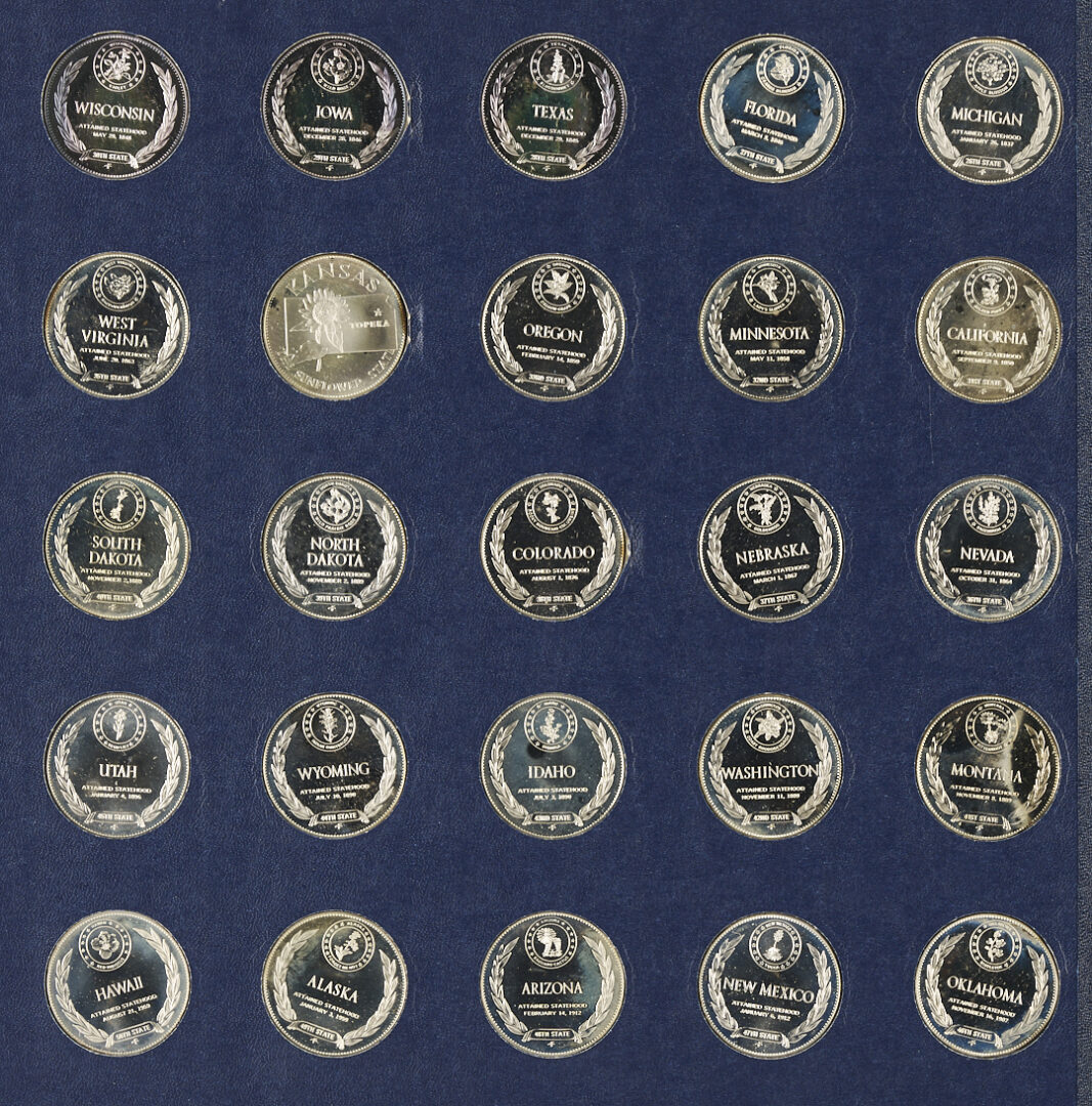 Lot 530: Franklin Mint Sterling Silver States of the Union Medallions, 23 oz.